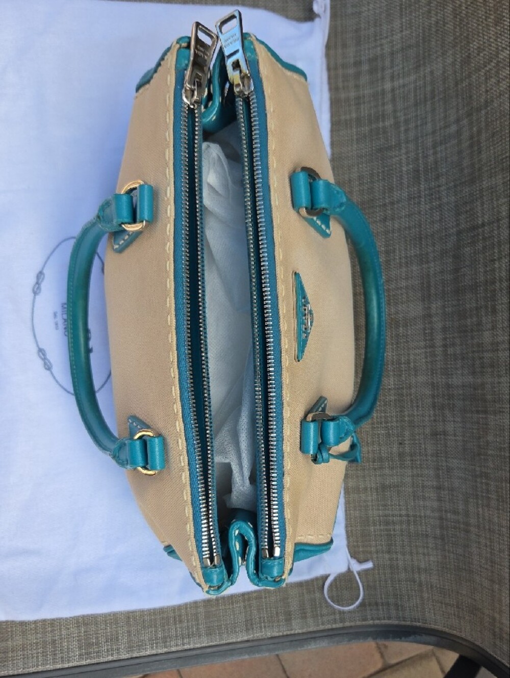 Prada Beige Canvas Satchel with Teal Leather Trim - Picture 11 of 17